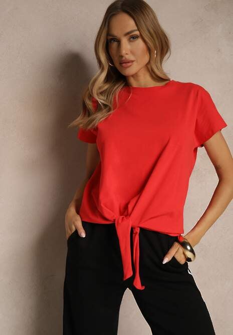Czerwony Bawełniany T-shirt Wiązany u Dołu Sunalina 4