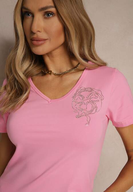 Różowy Bawełniany T-shirt Ozdobiony Cyrkoniami Ulivessa 5