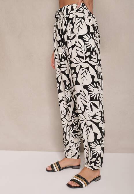 Czarne Spodnie z Wiskozy High Waist w Kwiatowy Wzór Niliannea 4