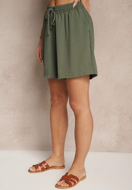 Ciemnozielone Szorty z Wiskozą High Waist Puvione 4