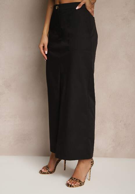 Czarna Ołówkowa Spódnica z Bawełny High Waist z Rozcięciem z Przodu Aliselle 4