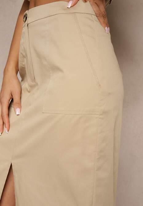 Beżowa Ołówkowa Spódnica z Bawełny High Waist z Rozcięciem z Przodu Aliselle 5