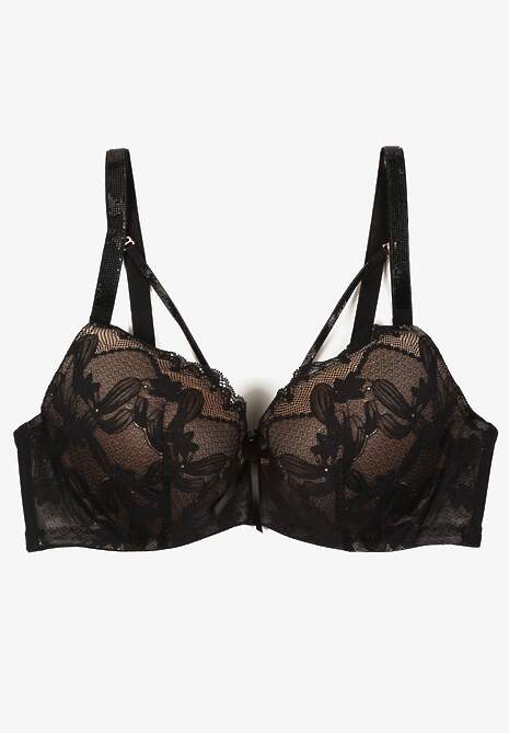 Czarno-Beżowy Biustonosz z Dodatkowymi Paskami Zdobiony Koronką i Cyrkoniami Ollimi 5