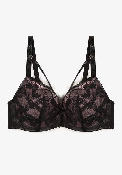 Czarno-Różowy Biustonosz z Dodatkowymi Paskami Zdobiony Koronką i Cyrkoniami Ollimi 5