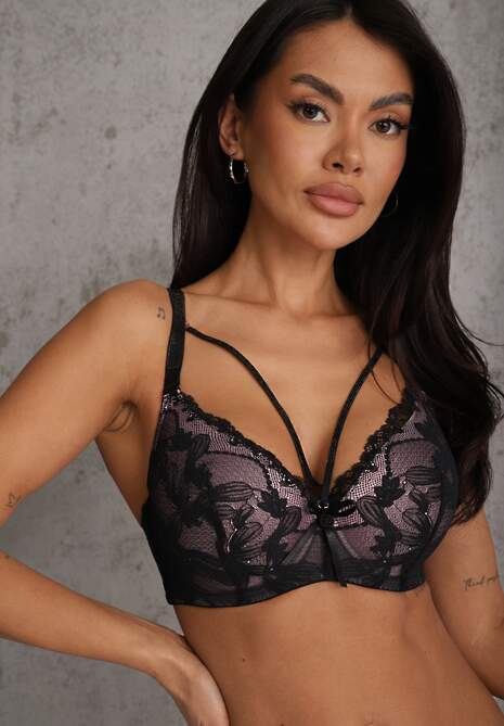 Czarno-Różowy Biustonosz z Dodatkowymi Paskami Zdobiony Koronką i Cyrkoniami Ollimi