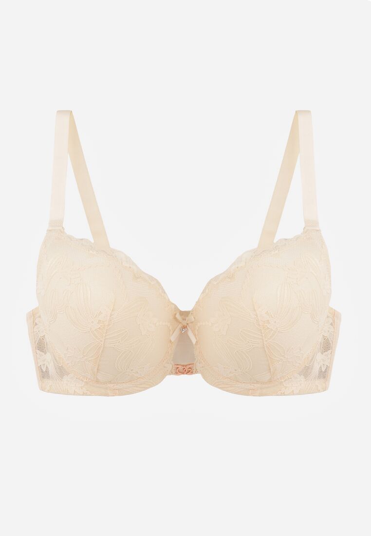 Beżowy Koronkowy Biustonosz z Metaliczną Aplikacją Dorzedi