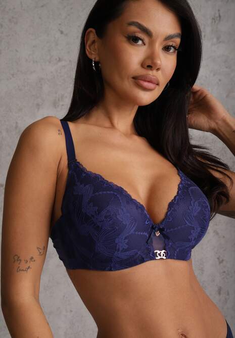 Granatowy Koronkowy Biustonosz z Metaliczną Aplikacją Dorzedi