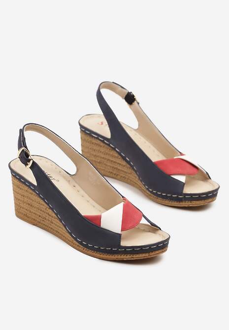 Granatowe Sandały na Koturnie z Plecionką i Geometryczną Cholewką Enellori 5