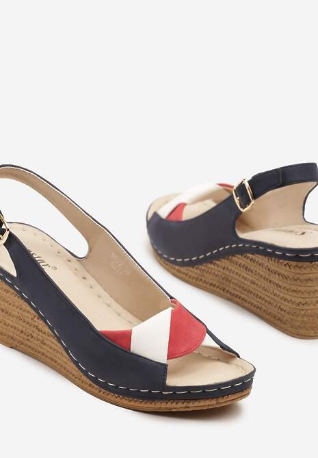 Granatowe Sandały na Koturnie z Plecionką i Geometryczną Cholewką Enellori 6