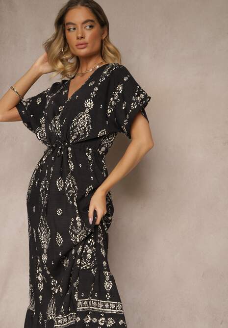 Czarna Rozkloszowana Sukienka z Falbanką w Print Boho z Wiskozą Tunova 4