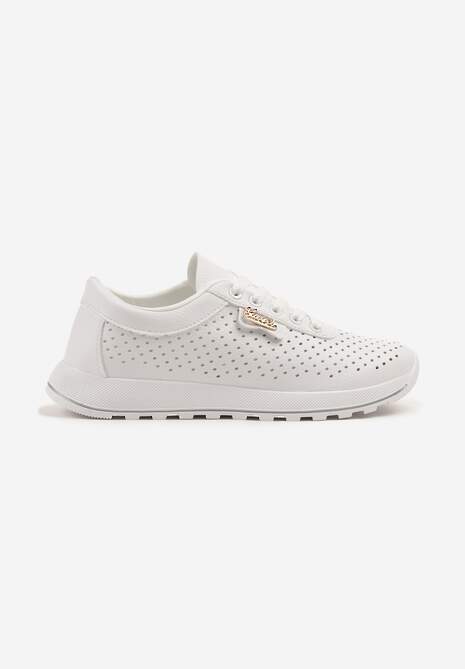 Białe Sneakersy z Ażurową Cholewką i Metalicznym Napisem Turesse 4