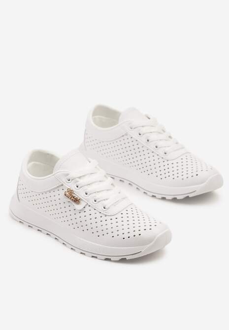 Białe Sneakersy z Ażurową Cholewką i Metalicznym Napisem Turesse 5