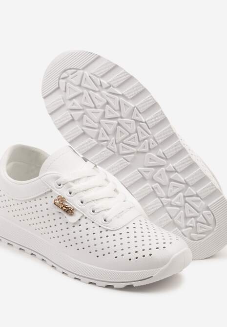 Białe Sneakersy z Ażurową Cholewką i Metalicznym Napisem Turesse 6