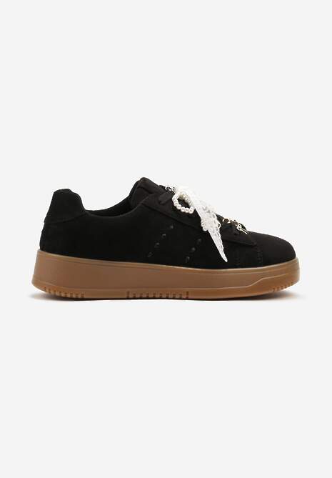 Czarne Sneakersy na Niskiej Platformie z Aplikacjami i Kokardkami Divienne 4