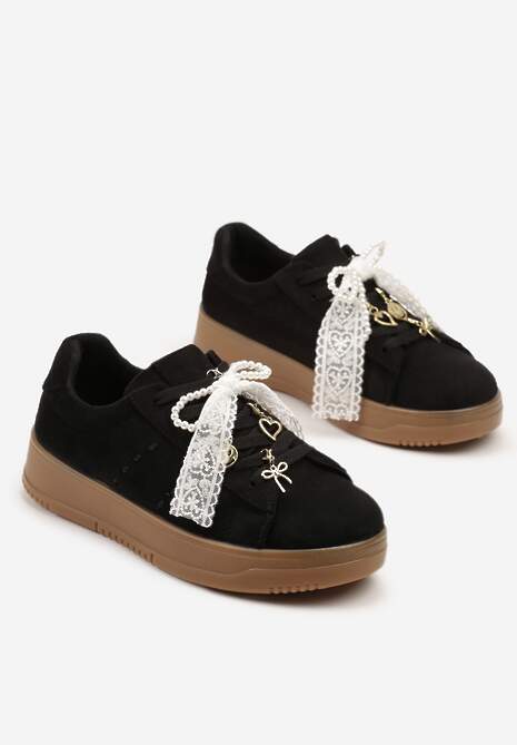 Czarne Sneakersy na Niskiej Platformie z Aplikacjami i Kokardkami Divienne 5