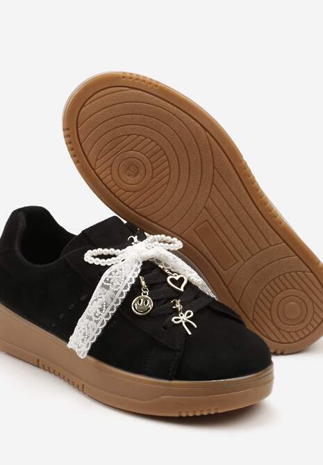 Czarne Sneakersy na Niskiej Platformie z Aplikacjami i Kokardkami Divienne 6