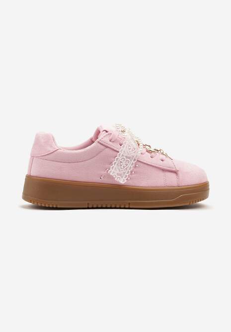 Różowe Sneakersy na Niskiej Platformie z Aplikacjami i Kokardkami Divienne 4