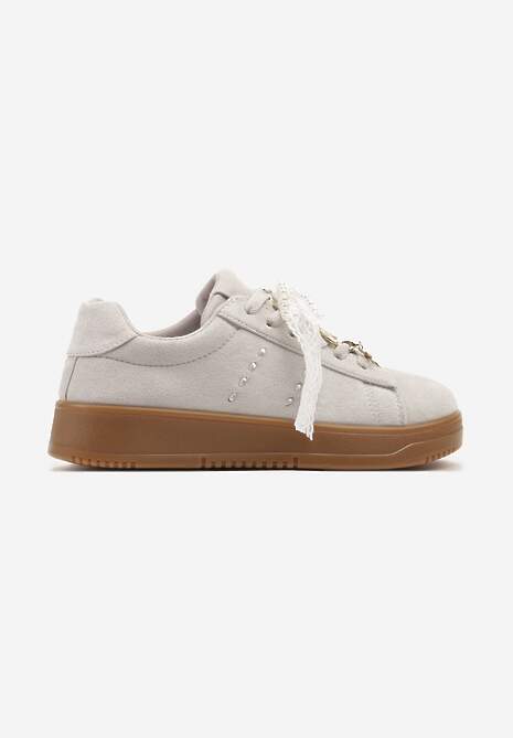 Szare Sneakersy na Niskiej Platformie z Aplikacjami i Kokardkami Divienne 4
