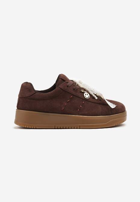 Brązowe Sneakersy na Niskiej Platformie z Aplikacjami i Kokardkami Divienne 4