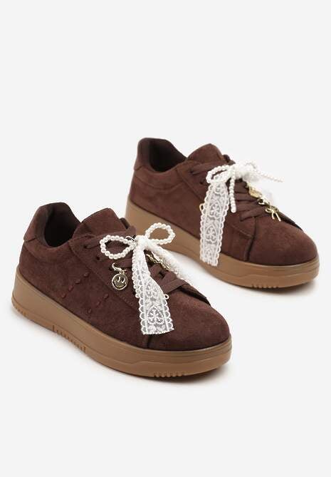 Brązowe Sneakersy na Niskiej Platformie z Aplikacjami i Kokardkami Divienne 5