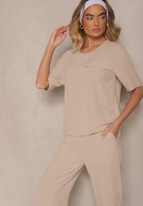 Ciemnobeżowy Komplet w Stylu Oversize Utility Bluzka i Szerokie Spodnie Eviralitta 5