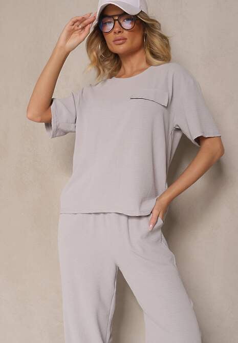 Szary Komplet w Stylu Oversize Utility Bluzka i Szerokie Spodnie Eviralitta 5