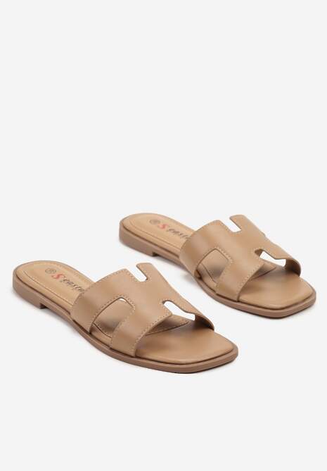 Ciemnobeżowe Klapki na Płaskiej Podeszwie z Ozdobnymi Wycięciami w Cholewce Wiselle 5