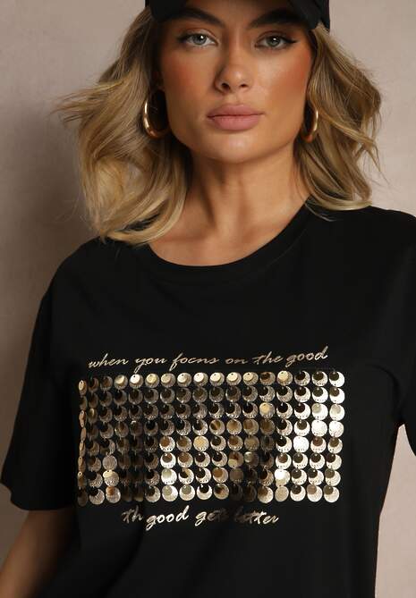 Czarny T-shirt z Bawełny z Naszytymi Cekinami Avenelli 5