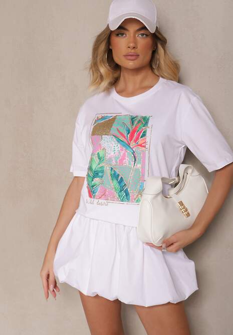 Biały T-shirt z Bawełny Ozdobiony Brokatem Isadelle 4