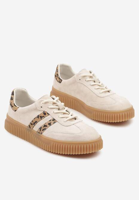 Beżowe Zamszowe Sneakersy w Stylu Kultowych Tenisówek ze Skórzaną Wkładką i Wzorem w Panterkę Tenannia 5