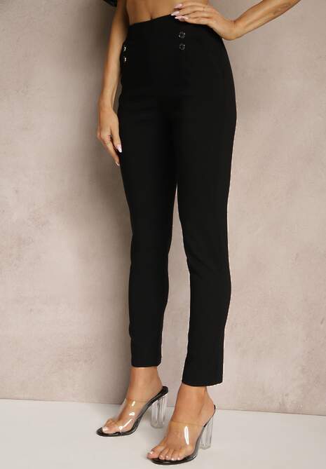 Czarne Spodnie z Wiskozą High Waist z Ozdobnymi Guzikami Redillia 4