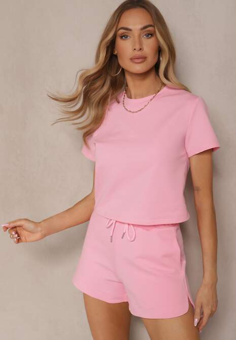 Różowy Bawełniany T-shirt o Fasonie Cropped Galionela 4