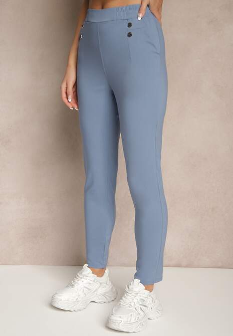 Niebieskie Spodnie z Wiskozą High Waist z Ozdobnymi Guzikami Redillia