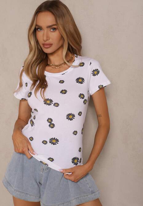 Biały T-shirt z Bawełny w Kwiatowy Wzór Savailene 4