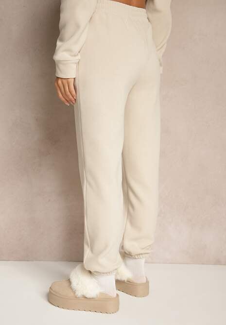 Beżowe Dresowe Spodnie z Bawełny z Ociepleniem Ozdobione Sznurkiem Citila 4