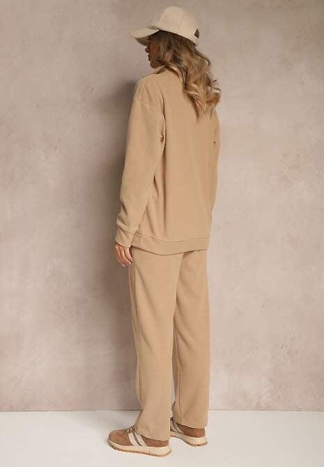 Ciemnobeżowy Bawełniany Komplet Dresowy z Ociepleniem Spodnie i Bluza z Suwakiem Mistilia 4