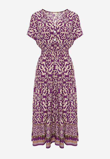 Ciemnofioletowa Sukienka z Bawełny z Trójkątnym Dekoltem i Gumką w Talii Zapinana na Guziki Lavlea 6