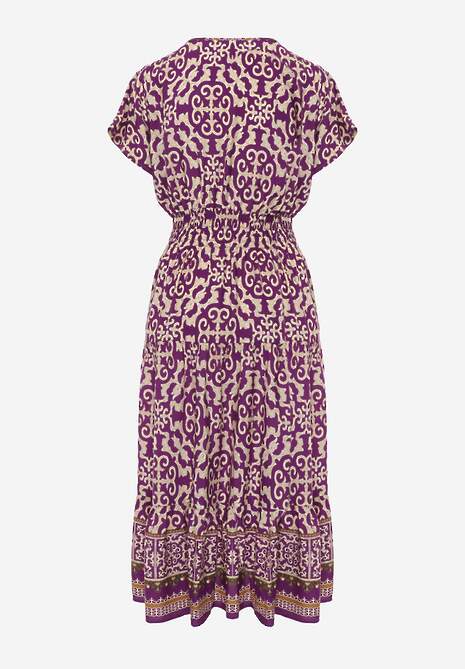 Ciemnofioletowa Sukienka z Bawełny z Trójkątnym Dekoltem i Gumką w Talii Zapinana na Guziki Lavlea 7