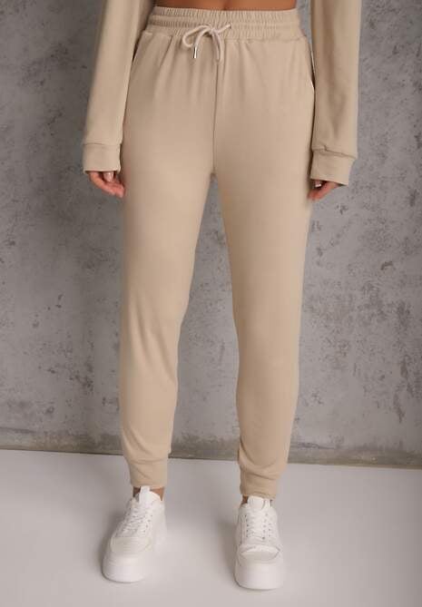 Beżowy Komplet Dresowy Spodnie Joggery i Bluza z Kapturem na Suwak Bernika 4