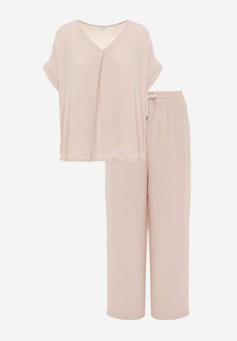 Jasnobeżowy Komplet Bluzka i Luźne Spodnie z Wiskozą i Kieszonkami Efraria 6