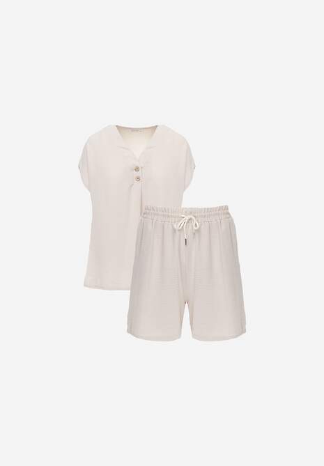 Beżowy Komplet z Wiskozą T-shirt z Ozdobnymi Guzikami i Szorty Niterela 6