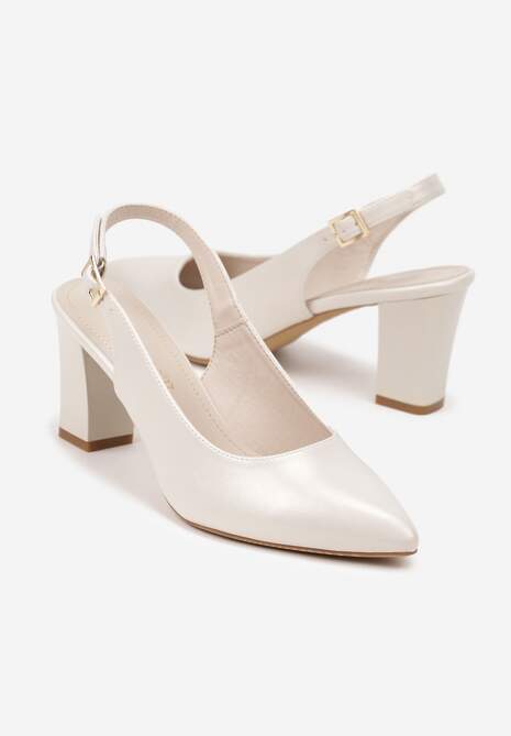 Beżowe Sandały Slingback na Słupkowym Obcasie z Wkładką ze Skóry Naturalnej Linariona 5
