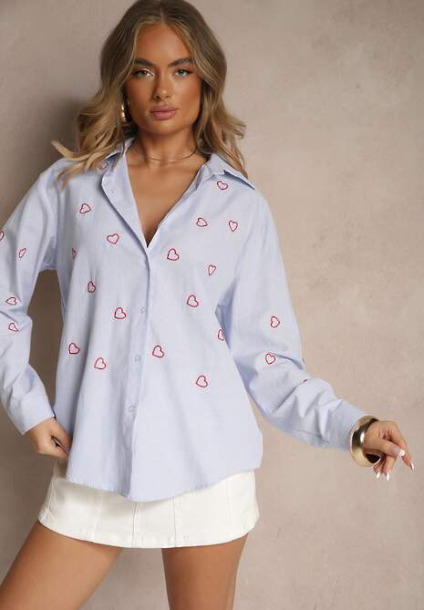 Niebiesko-Czerwona Koszula Oversize w Prążki Zdobiona Haftem w Serca Nitavela 4