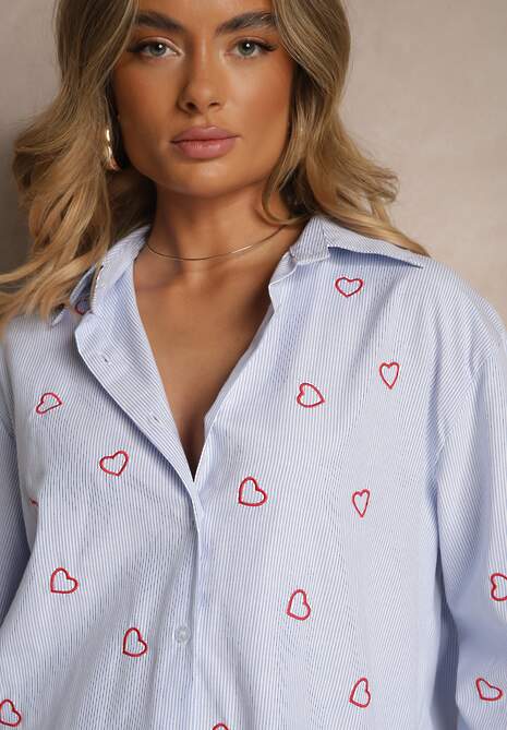 Niebiesko-Czerwona Koszula Oversize w Prążki Zdobiona Haftem w Serca Nitavela 5