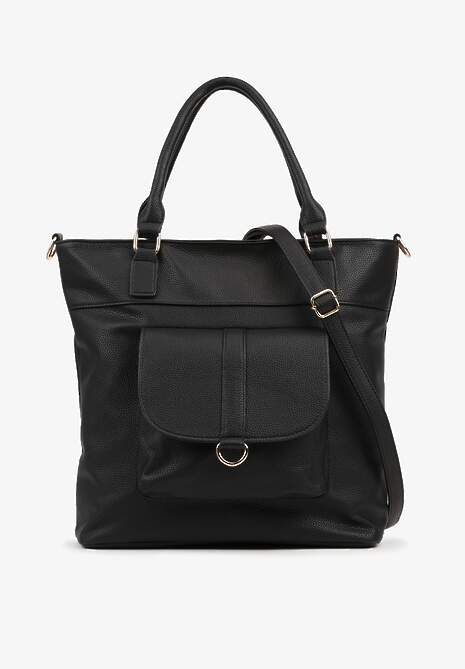Czarna Torebka Typu Shopper z Ozdobną Kieszenią i Paskiem Crossbody Frocelle