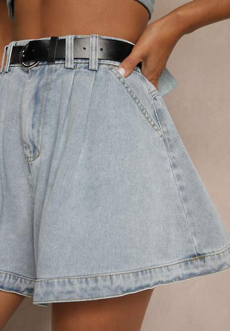 Jasnoniebieskie Szorty z Bawełny High Waist Ozdobione Paskiem Saromine 5