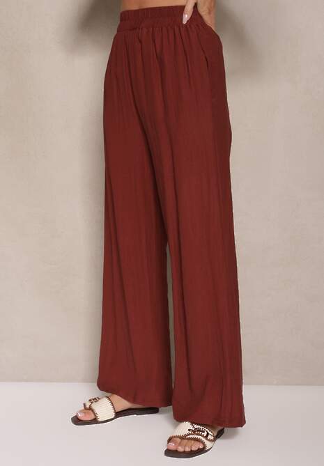 Bordowe Wiskozowe Spodnie Palazzo High Waist z Lnem Linaselia 4
