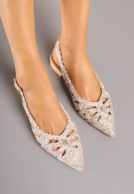 Beżowe Sandały Slingback z Szydełkową Cholewką z Metalicznymi Przeszyciami Frolette