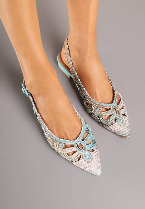 Niebiesko-Beżowe Sandały Slingback z Szydełkową Cholewką z Metalicznymi Przeszyciami Frolette