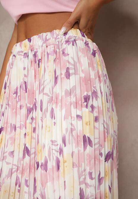 Jasnofioletowe Spodnie High Waist Zdobione Plisami i Kwiatowym Printem Folamea 5